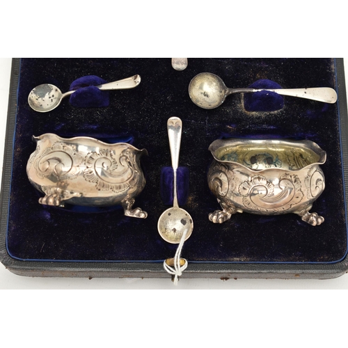 107 - AN EARLY 20TH CENTURY SILVER CASED 'ELKINGTON & CO LTD' SALT SET, comprised of four cauldron shaped ... 