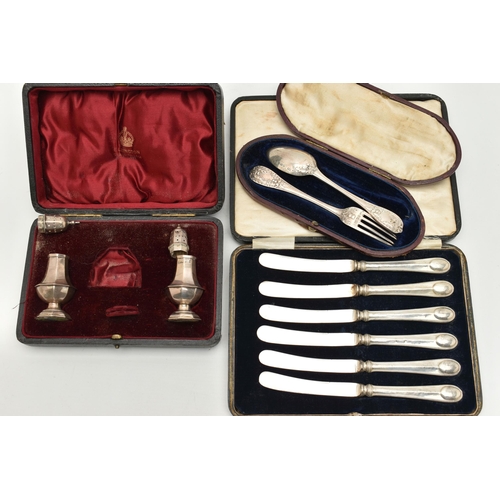 108 - THREE CASED SETS OF SILVER ITEMS, to include a cased Victorian fork and spoon travel set, thistle pa... 