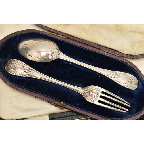 108 - THREE CASED SETS OF SILVER ITEMS, to include a cased Victorian fork and spoon travel set, thistle pa... 