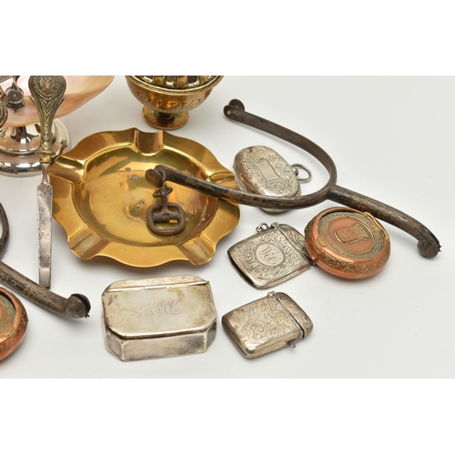 109 - A BOX OF ASSORTED ITEMS, to include a silver and mother of pearl basket, twisted handle, on a round ... 