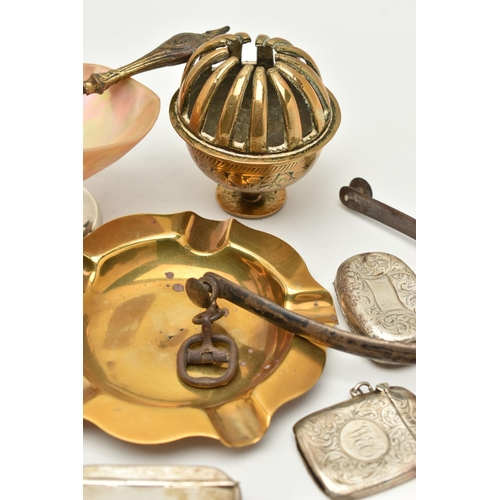 109 - A BOX OF ASSORTED ITEMS, to include a silver and mother of pearl basket, twisted handle, on a round ... 