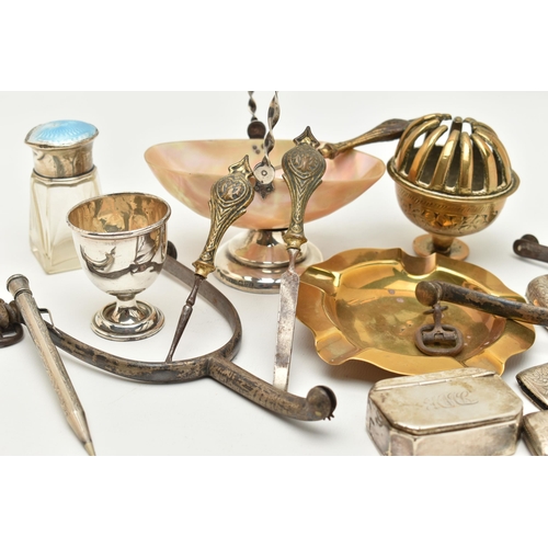 109 - A BOX OF ASSORTED ITEMS, to include a silver and mother of pearl basket, twisted handle, on a round ... 