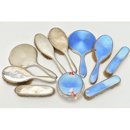 111 - ASSSORTED SILVER VANITY ITEMS, to include a four piece silver and blue guilloche enamel set, includi... 