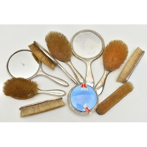 111 - ASSSORTED SILVER VANITY ITEMS, to include a four piece silver and blue guilloche enamel set, includi... 