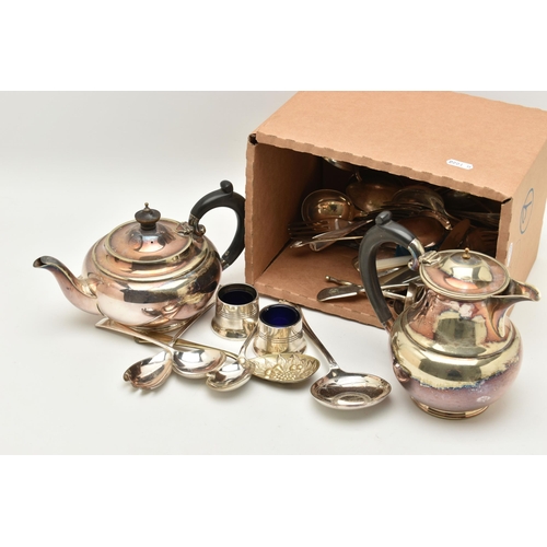 112 - A SMALL BOX OF WHITE METAL WARE, to include an EPNS teapot and coffee pot fitted with ebonized handl... 