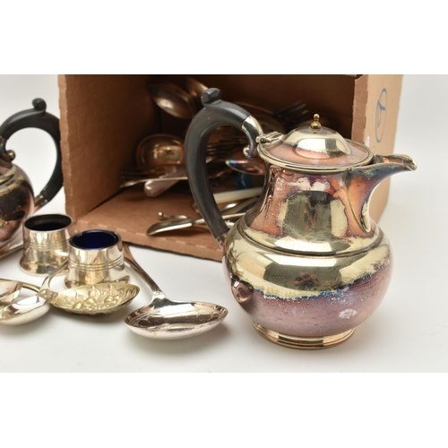 112 - A SMALL BOX OF WHITE METAL WARE, to include an EPNS teapot and coffee pot fitted with ebonized handl... 