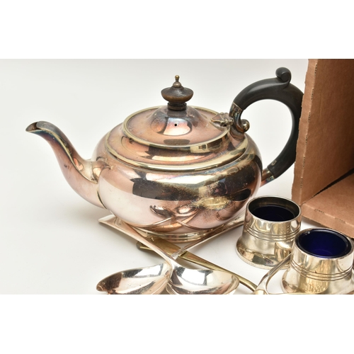 112 - A SMALL BOX OF WHITE METAL WARE, to include an EPNS teapot and coffee pot fitted with ebonized handl... 