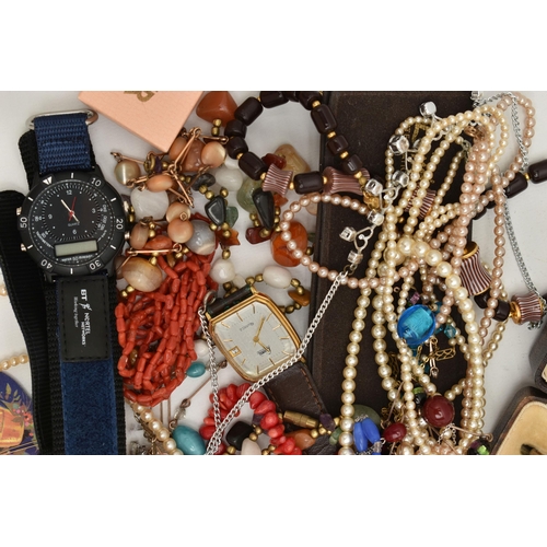 113 - A SMALL ASSORTMENT OF COSTUME JEWELLERY, to include two coral bead necklaces, one fitted with a lobs... 