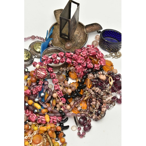 116 - A SMALL SELECTION OF SILVER ITEMS AND COSTUME BEAD JEWELLERY, to include an AF silver matchstick box... 