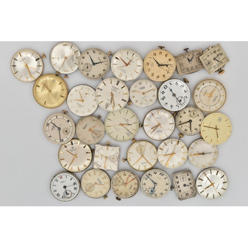 117 - A BOX OF THIRTY TWO WATCH MOVEMENTS AND VARIOUS PLASTIC FACES, makes include Bernex, Garrard, Rotary... 