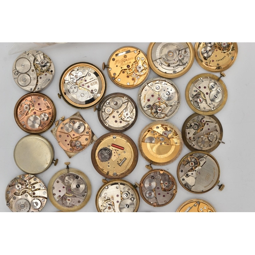 117 - A BOX OF THIRTY TWO WATCH MOVEMENTS AND VARIOUS PLASTIC FACES, makes include Bernex, Garrard, Rotary... 