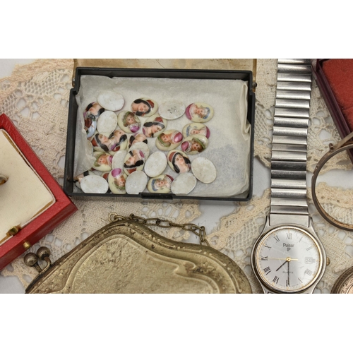 119 - A BOX OF ASSORTED ITEMS, to include an AF 9ct gold ring, hallmarked 9ct Birmingham, ring size N, app... 