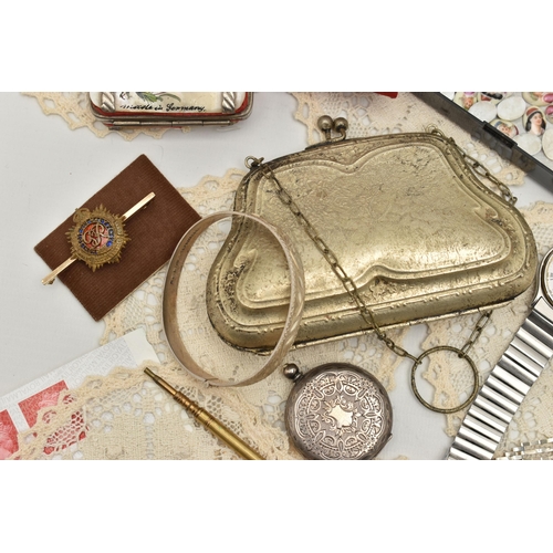 119 - A BOX OF ASSORTED ITEMS, to include an AF 9ct gold ring, hallmarked 9ct Birmingham, ring size N, app... 