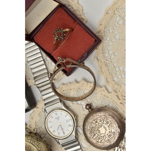 119 - A BOX OF ASSORTED ITEMS, to include an AF 9ct gold ring, hallmarked 9ct Birmingham, ring size N, app... 