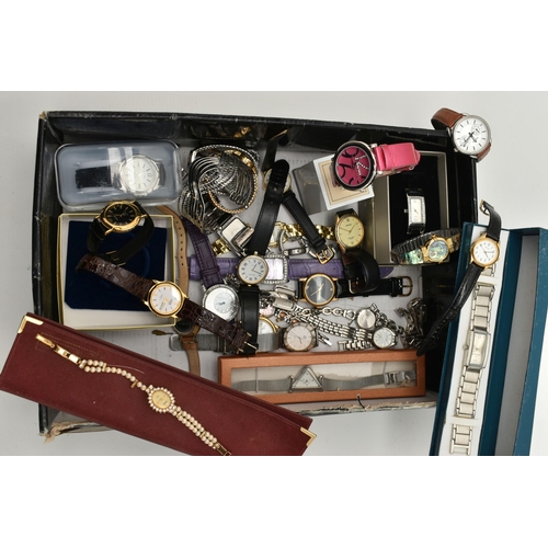 122 - A BOX OF ASSORTED LADIES AND GENTS FASHION WRISTWATCHES, mostly quartz movements, names to include '... 