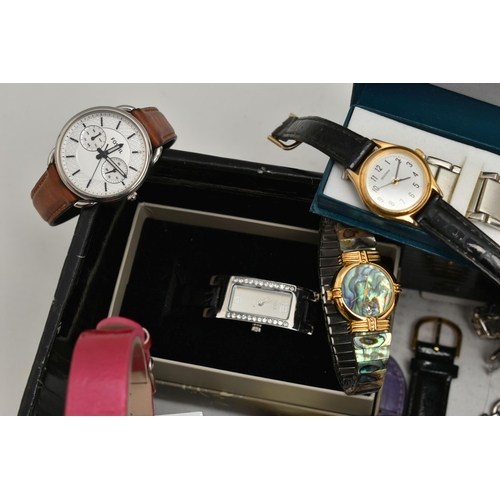 122 - A BOX OF ASSORTED LADIES AND GENTS FASHION WRISTWATCHES, mostly quartz movements, names to include '... 