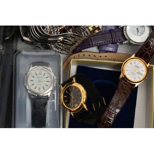 122 - A BOX OF ASSORTED LADIES AND GENTS FASHION WRISTWATCHES, mostly quartz movements, names to include '... 