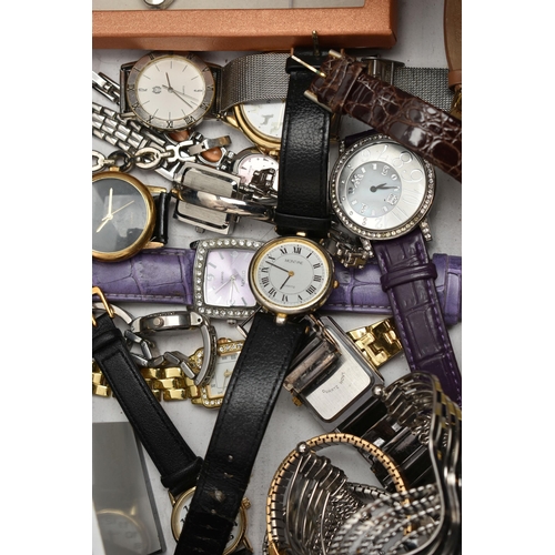 122 - A BOX OF ASSORTED LADIES AND GENTS FASHION WRISTWATCHES, mostly quartz movements, names to include '... 