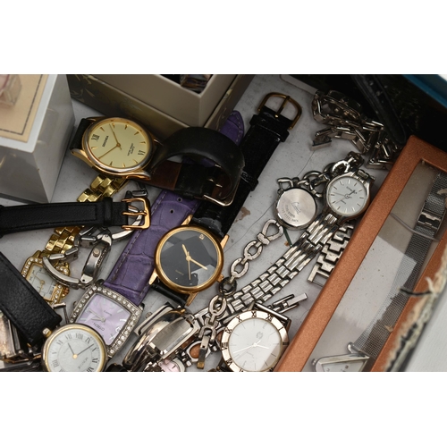 122 - A BOX OF ASSORTED LADIES AND GENTS FASHION WRISTWATCHES, mostly quartz movements, names to include '... 