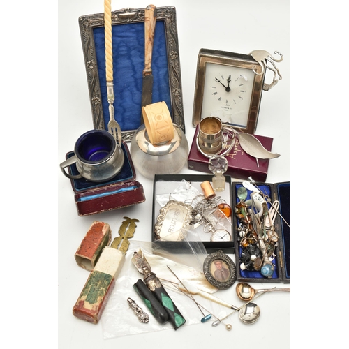 123 - A BASKET OF ASSORTED SILVER AND WHITE METAL ITEMS, to include a late Victorian miniature silver tank... 