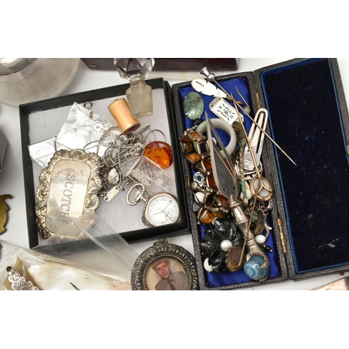 123 - A BASKET OF ASSORTED SILVER AND WHITE METAL ITEMS, to include a late Victorian miniature silver tank... 