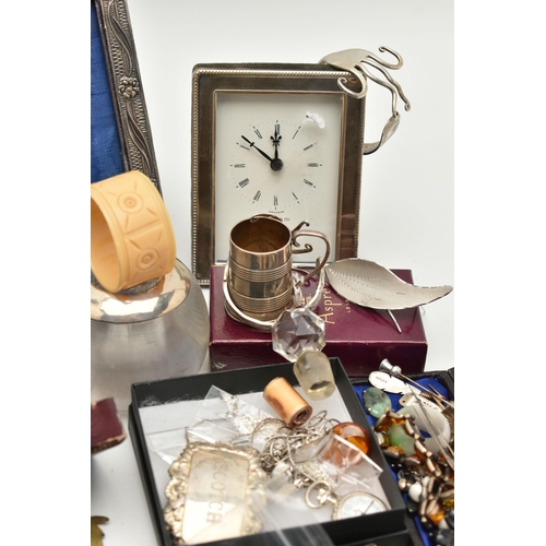 123 - A BASKET OF ASSORTED SILVER AND WHITE METAL ITEMS, to include a late Victorian miniature silver tank... 