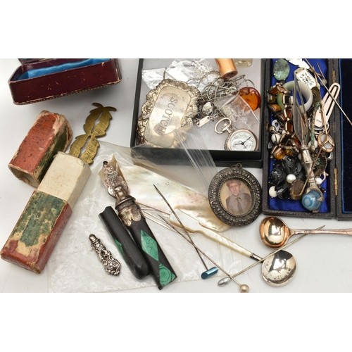 123 - A BASKET OF ASSORTED SILVER AND WHITE METAL ITEMS, to include a late Victorian miniature silver tank... 