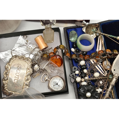 123 - A BASKET OF ASSORTED SILVER AND WHITE METAL ITEMS, to include a late Victorian miniature silver tank... 