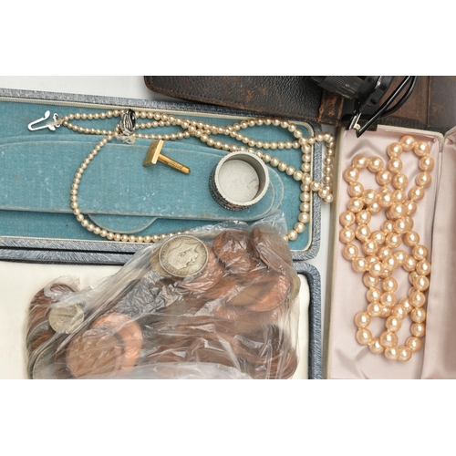 127 - A BOX OF ASSORTED ITEMS, to include a boxed yellow metal St. Chrostopher pendant unmarked and chain ... 