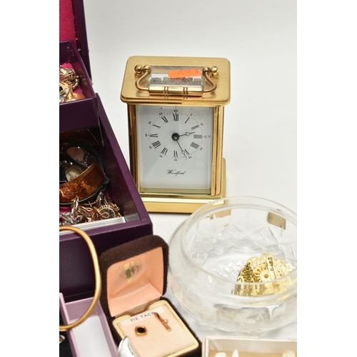 130 - A BOX OF ASSORTED ITEMS, to include a brass 'Woodford' carriage clock, without a key, an AF jeweller... 