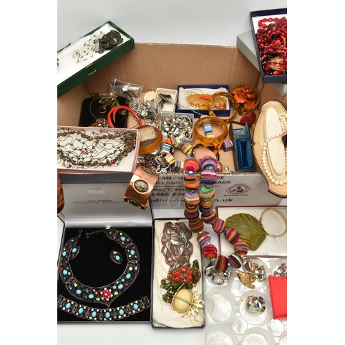 131 - A LARGE BOX OF ASSORTED COSTUME JEWELLERY, to include a rolled gold buckle bangle, a coral gold plat... 