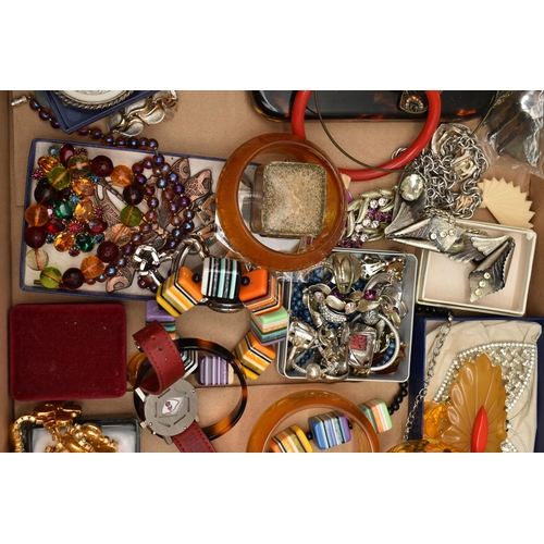 131 - A LARGE BOX OF ASSORTED COSTUME JEWELLERY, to include a rolled gold buckle bangle, a coral gold plat... 