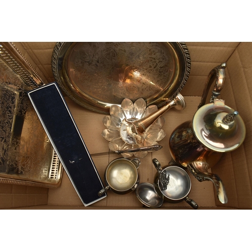 134 - A BOX OF ASSORTED WHITE METAL WARE, to include a mantle clock, embossed white metal front stamped 92... 