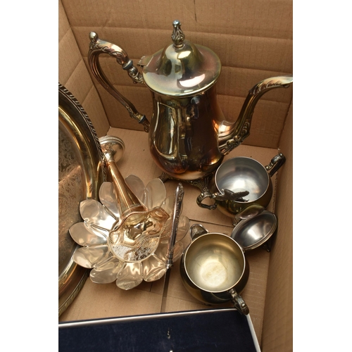 134 - A BOX OF ASSORTED WHITE METAL WARE, to include a mantle clock, embossed white metal front stamped 92... 