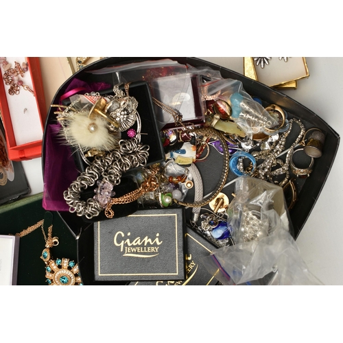 136 - A PLASTIC STORAGE BOX WITH A LARGE ASSORTMENT OF COSTUME JEWELLERY, to include beaded necklaces, ban... 