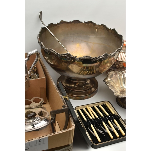 137 - A BOX OF WHITE METAL WARE, to include a large silver plate punch bowl with ladle, a smaller punch bo... 