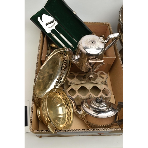 137 - A BOX OF WHITE METAL WARE, to include a large silver plate punch bowl with ladle, a smaller punch bo... 