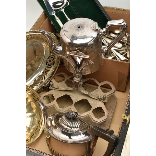 137 - A BOX OF WHITE METAL WARE, to include a large silver plate punch bowl with ladle, a smaller punch bo... 