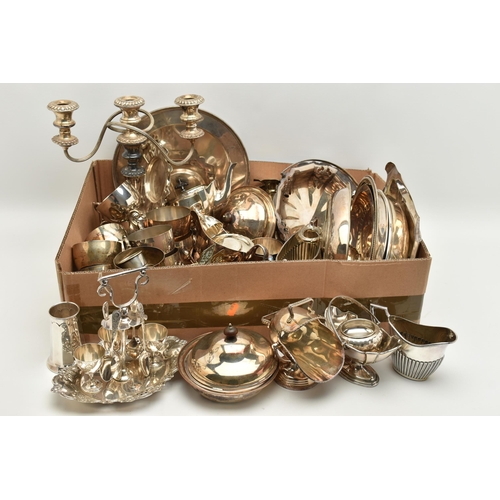 138 - A LARGE BOX OF ASSORTED SILVER PLATE AND WHITE METAL WARE, to include various goblets, entree dishes... 