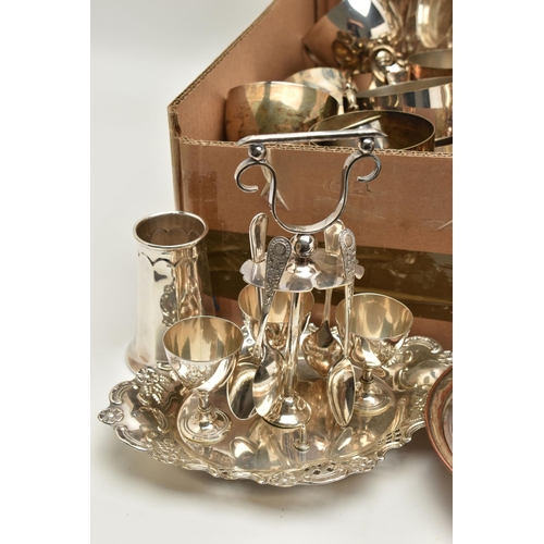 138 - A LARGE BOX OF ASSORTED SILVER PLATE AND WHITE METAL WARE, to include various goblets, entree dishes... 