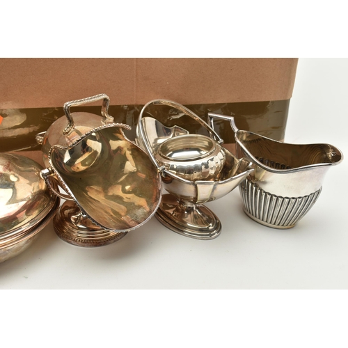 138 - A LARGE BOX OF ASSORTED SILVER PLATE AND WHITE METAL WARE, to include various goblets, entree dishes... 