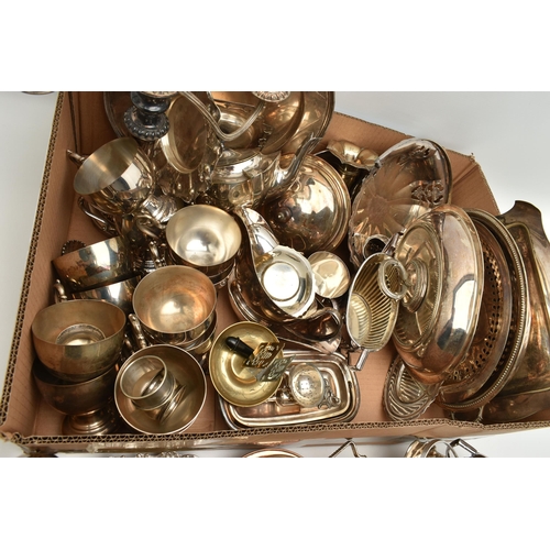 138 - A LARGE BOX OF ASSORTED SILVER PLATE AND WHITE METAL WARE, to include various goblets, entree dishes... 