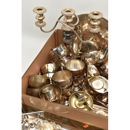 138 - A LARGE BOX OF ASSORTED SILVER PLATE AND WHITE METAL WARE, to include various goblets, entree dishes... 