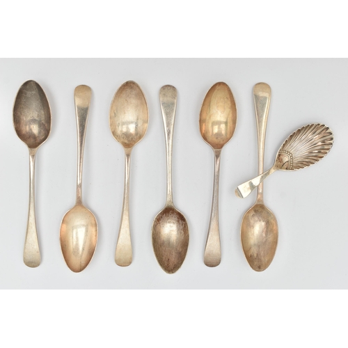 82 - A SET OF SIX SILVER TEASPOONS AND A CADDY SPOON, six old English pattern teaspoons, each hallmarked ... 