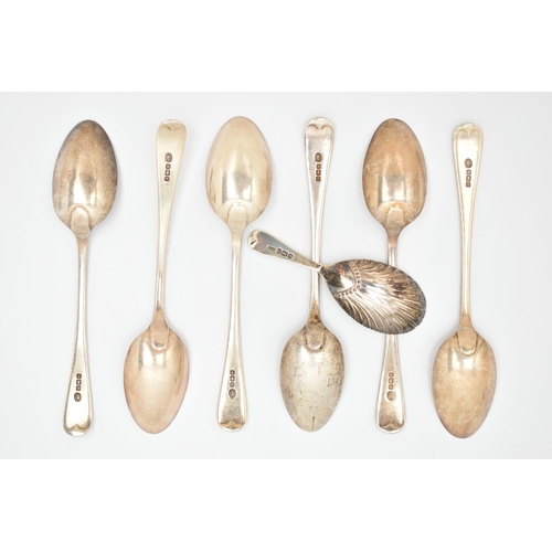 82 - A SET OF SIX SILVER TEASPOONS AND A CADDY SPOON, six old English pattern teaspoons, each hallmarked ... 