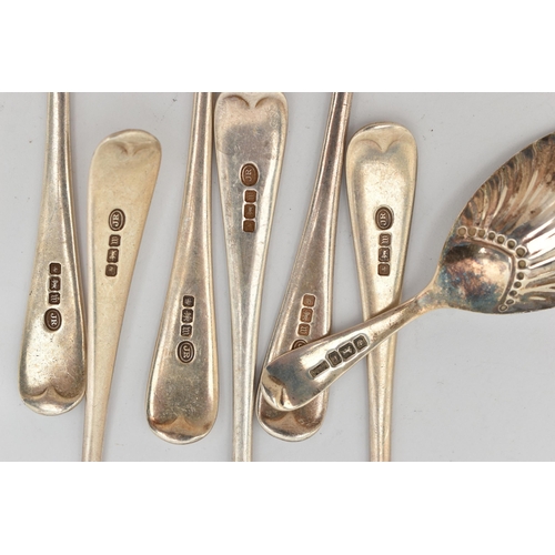 82 - A SET OF SIX SILVER TEASPOONS AND A CADDY SPOON, six old English pattern teaspoons, each hallmarked ... 