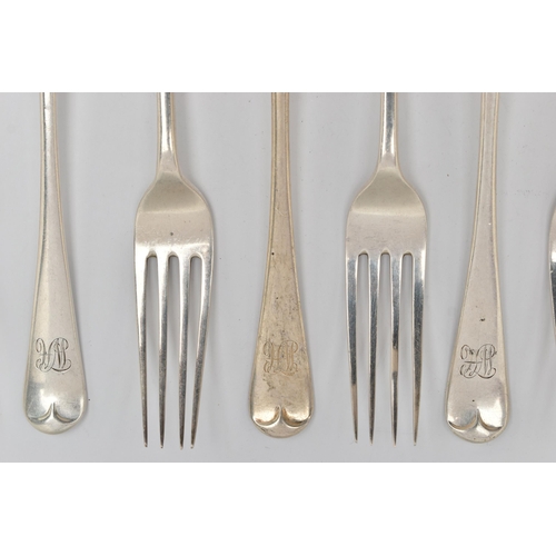 86 - A SET OF TEN SILVER FORKS, old English pattern forks each with engraved initials to the terminals, h... 