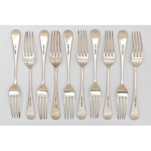 86 - A SET OF TEN SILVER FORKS, old English pattern forks each with engraved initials to the terminals, h... 