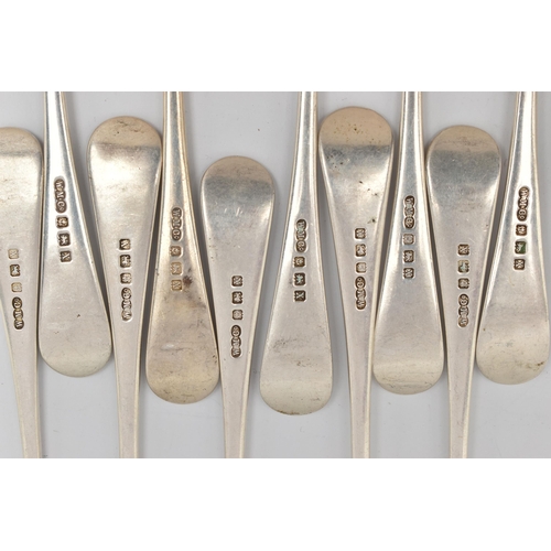 86 - A SET OF TEN SILVER FORKS, old English pattern forks each with engraved initials to the terminals, h... 