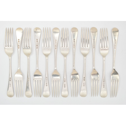 87 - A SET OF TWELVE SILVER FORKS, old English pattern forks each with engraved initials to the terminals... 